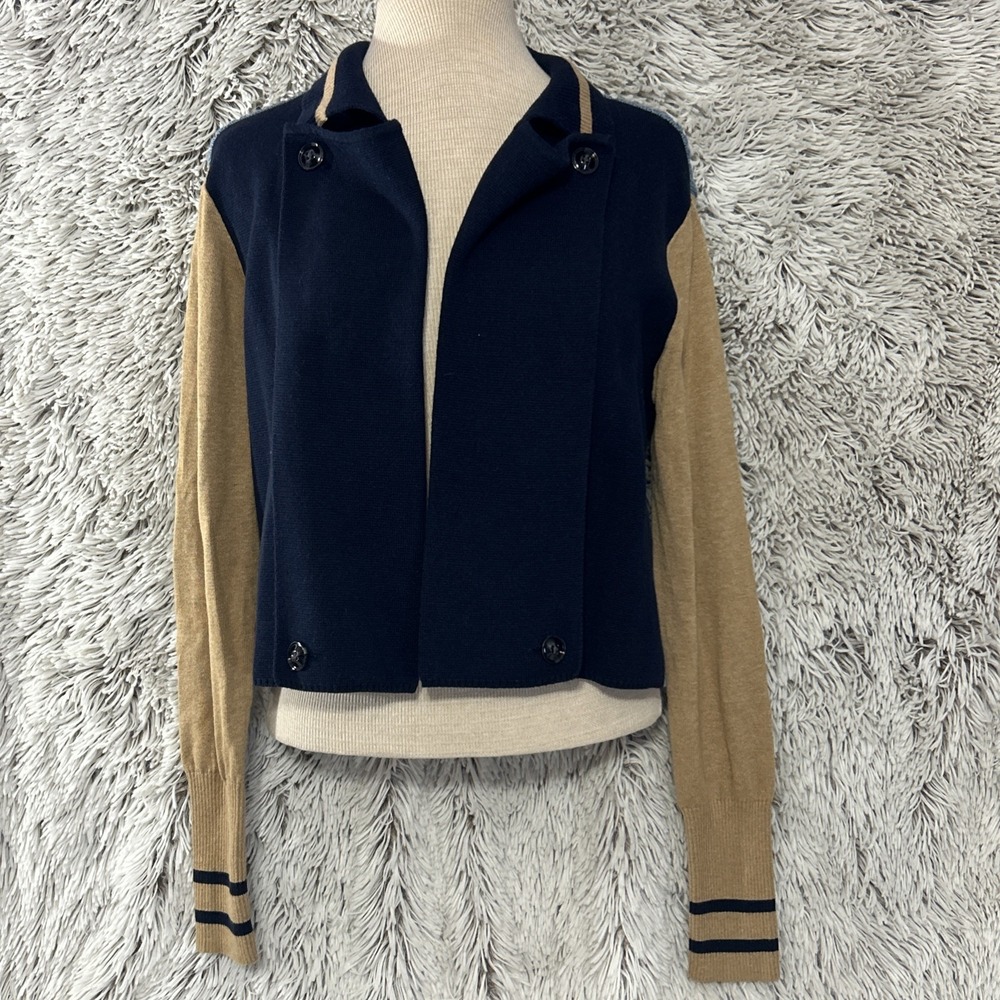 Cabi Turn Back Cardigan Letterman Style Navy Brown Crop Open‎ Preppy  Academia M